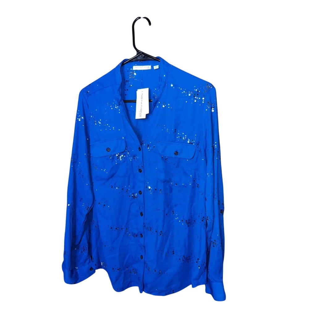Notations Woman Button Down Shirt 1X Blue Silver Foil Splatter Long Sleeve Top